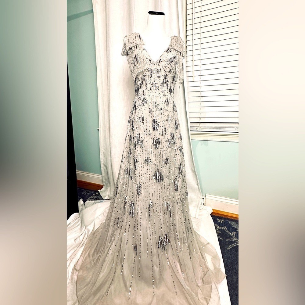 Aidan Mattox sequined gown gray
